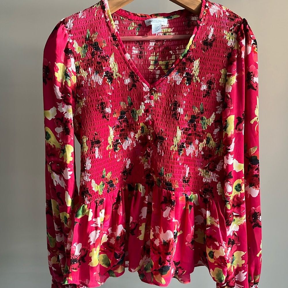 Carolina Belle Pink Floral Smock Front Top Size M